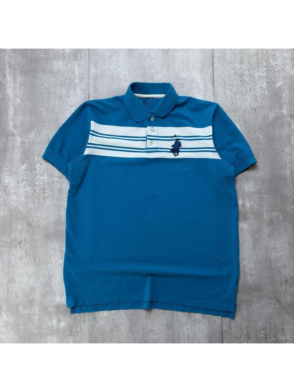 Y2K Blue Franky Max Grunge Striped Big Pony Skater Polo Shirt